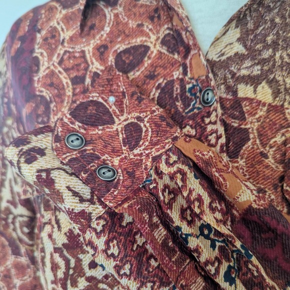 Lucky Brand Button Down Women S Brown Silk Patchwork Print Long Sleeve Blouse - Picture 9 of 11